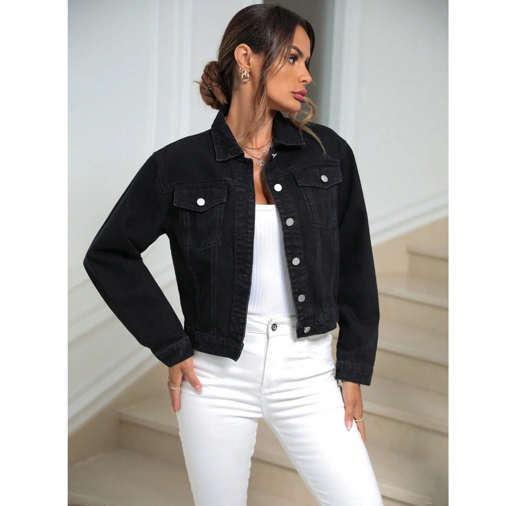 Black Denim Jean Jacket Classic Button Up / Down Front Pockets - Picture 6 of 10